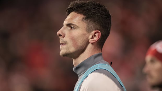 New York Red Bulls forward Dante Vanzeir looks on during a game.